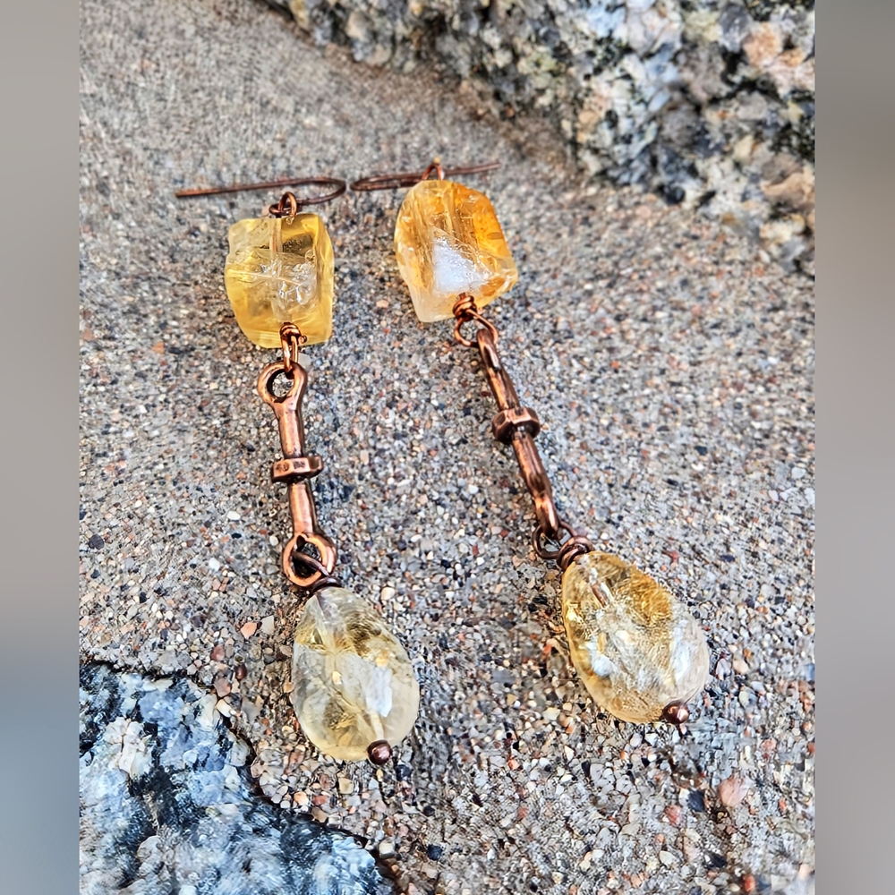 Rugged Honey Citrines W/ Weathered Rods In Antique Rustic Copper Drop Earrings